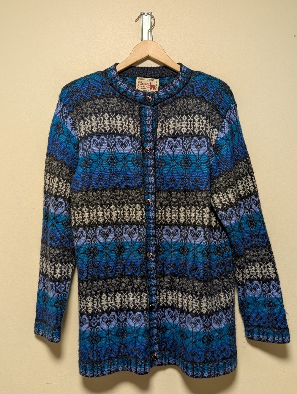 Alpaca Connection 100% Alpaca Cardigan Blue Fair Isle XL - Picture 4 of 11